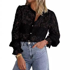 Casual Lace Long Sleeve Shirt | Button Up Blouse