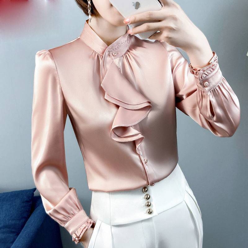 Women's Satin Button-Up Shirt – Long Sleeve Solid Color Fashion Blouse - Image 3
