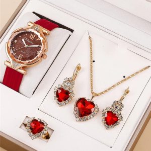 6 piece women’s quartz watch and jewelry accessory set with necklace earrings and ring