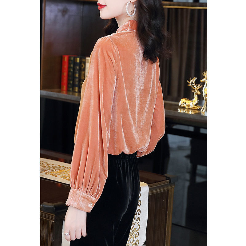 Gold Velvet V-Neck Top | Loose Long Sleeve Blouse