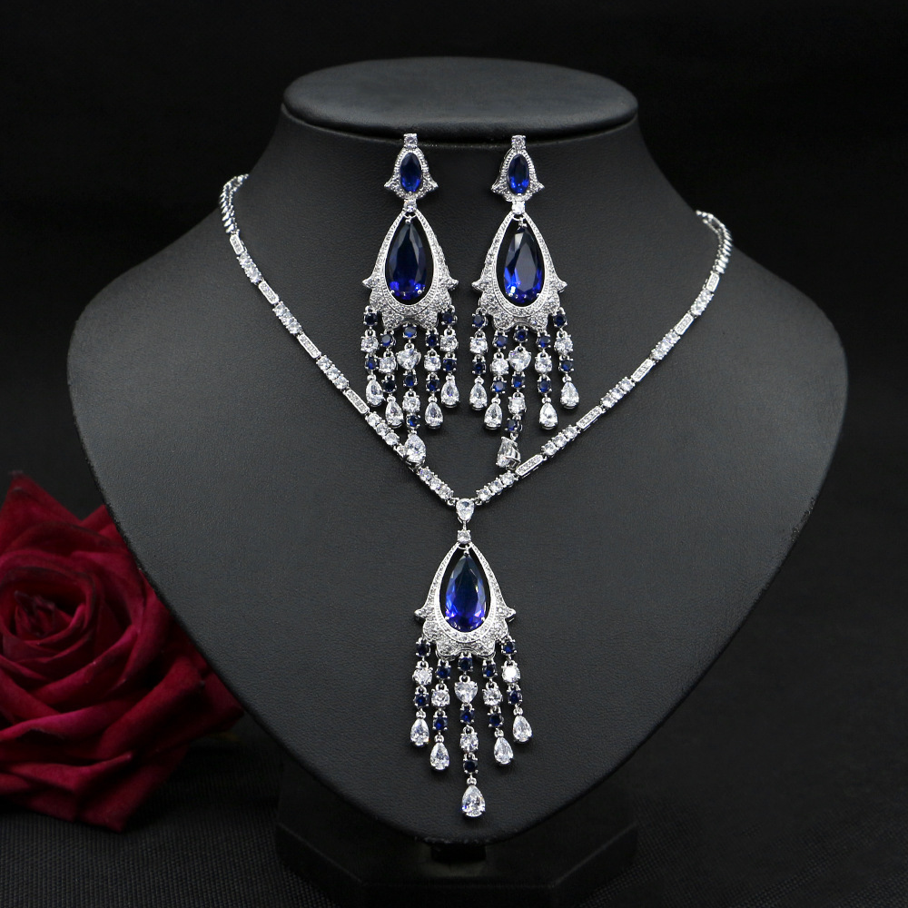 vintage zircon necklace and tassel earrings jewelry set for women