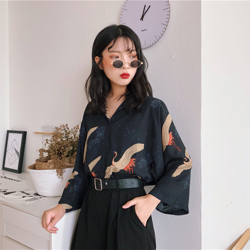 Women’s Vintage Crane Print V-Neck Blouse