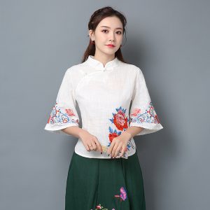 Heavy Embroidery Horn Sleeve Top | Stand Collar Shirt