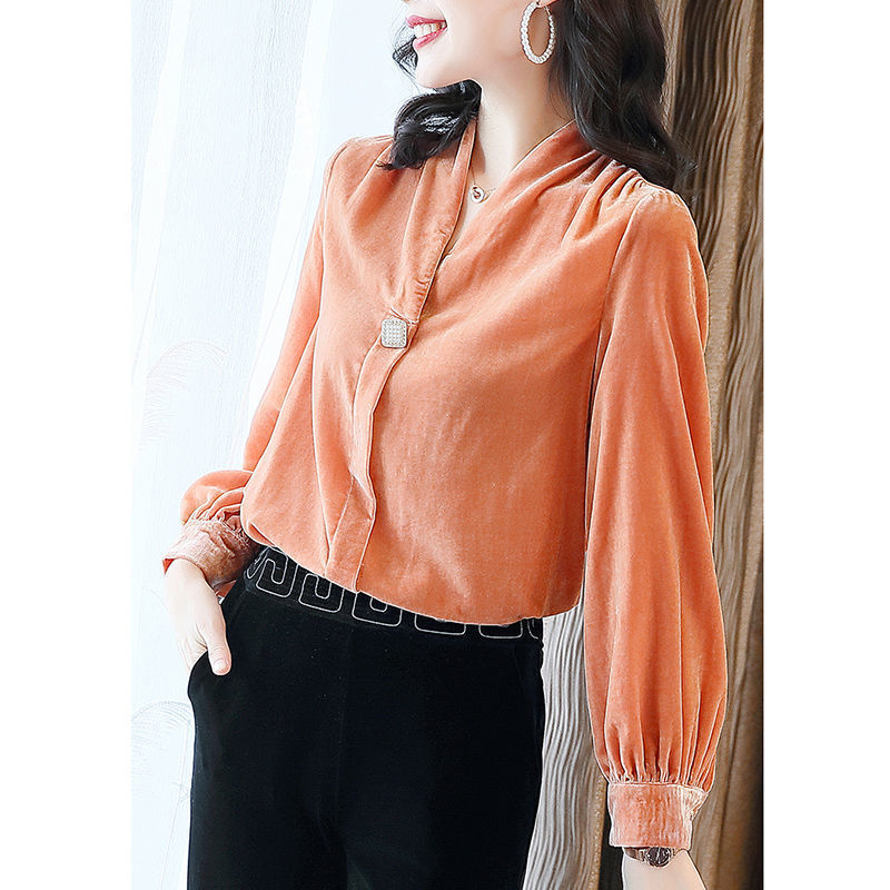 Gold Velvet V-Neck Top | Loose Long Sleeve Blouse