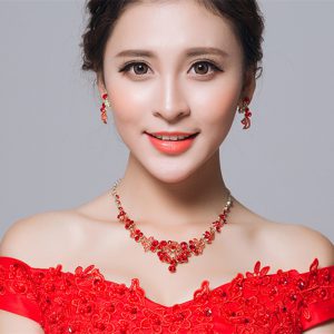 red crystal bridal tiara necklace and earrings jewelry set for women