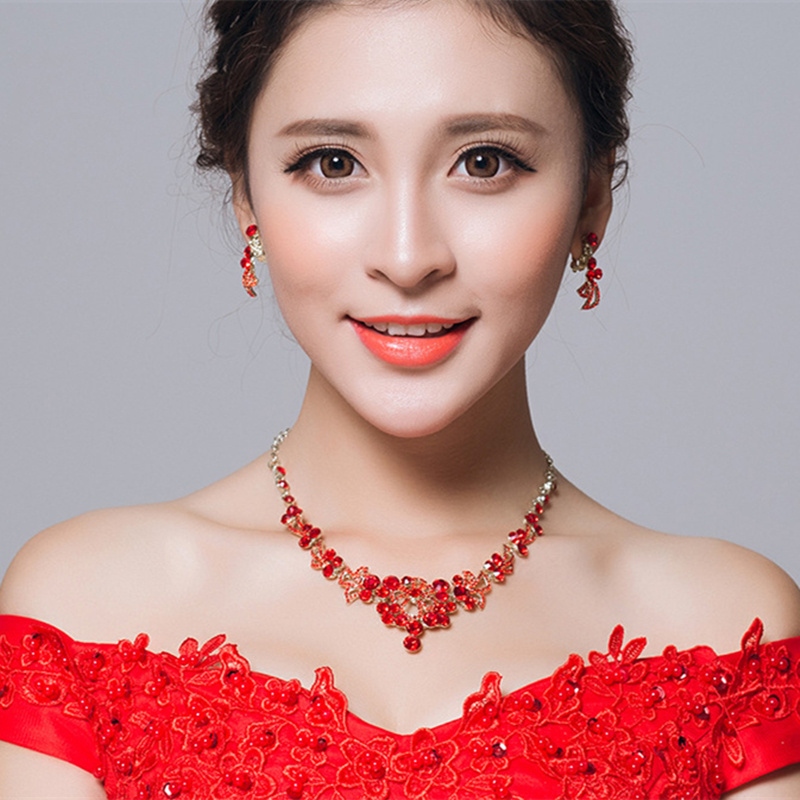 red crystal bridal tiara necklace and earrings jewelry set for women