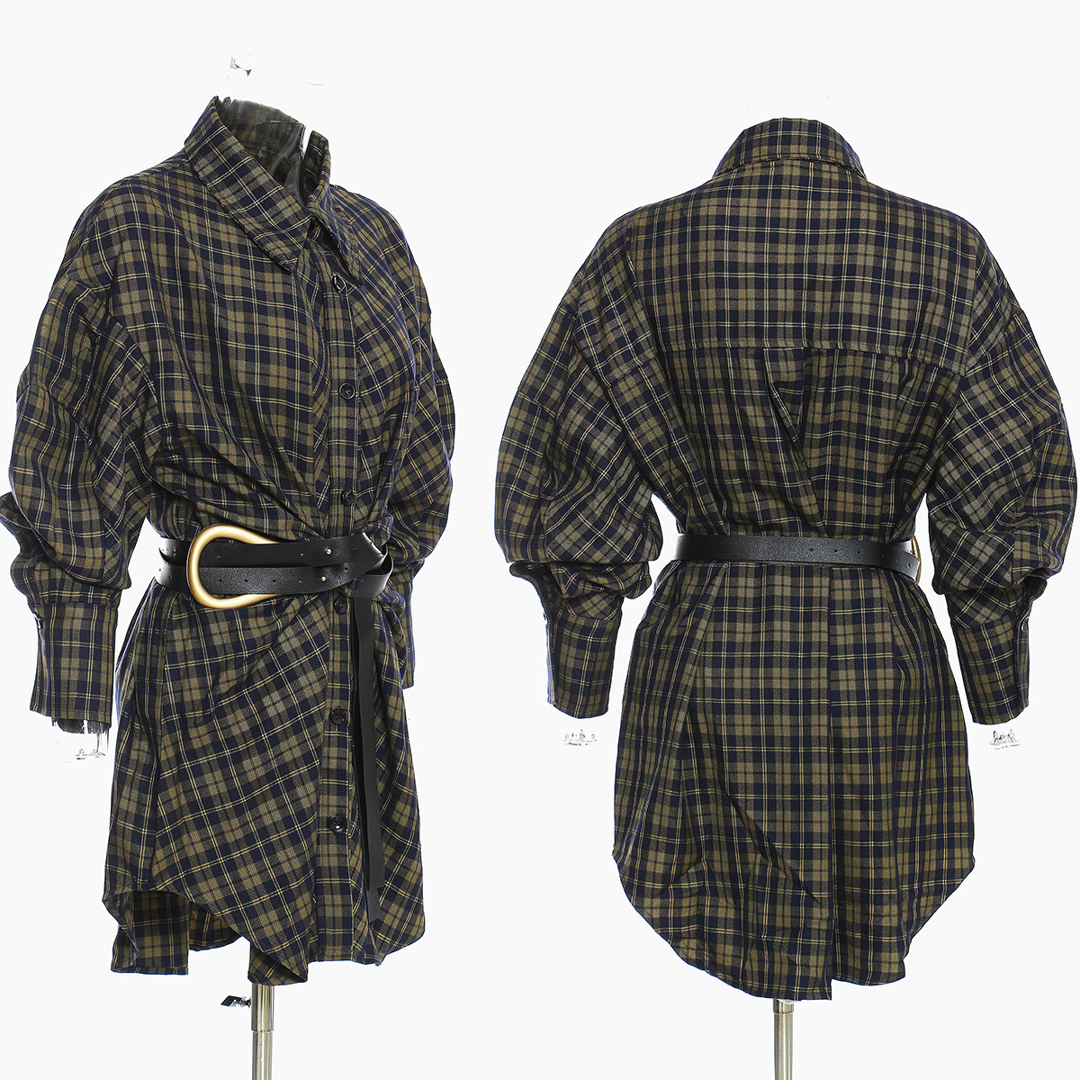 Retro Plaid Belted Shirt Dress