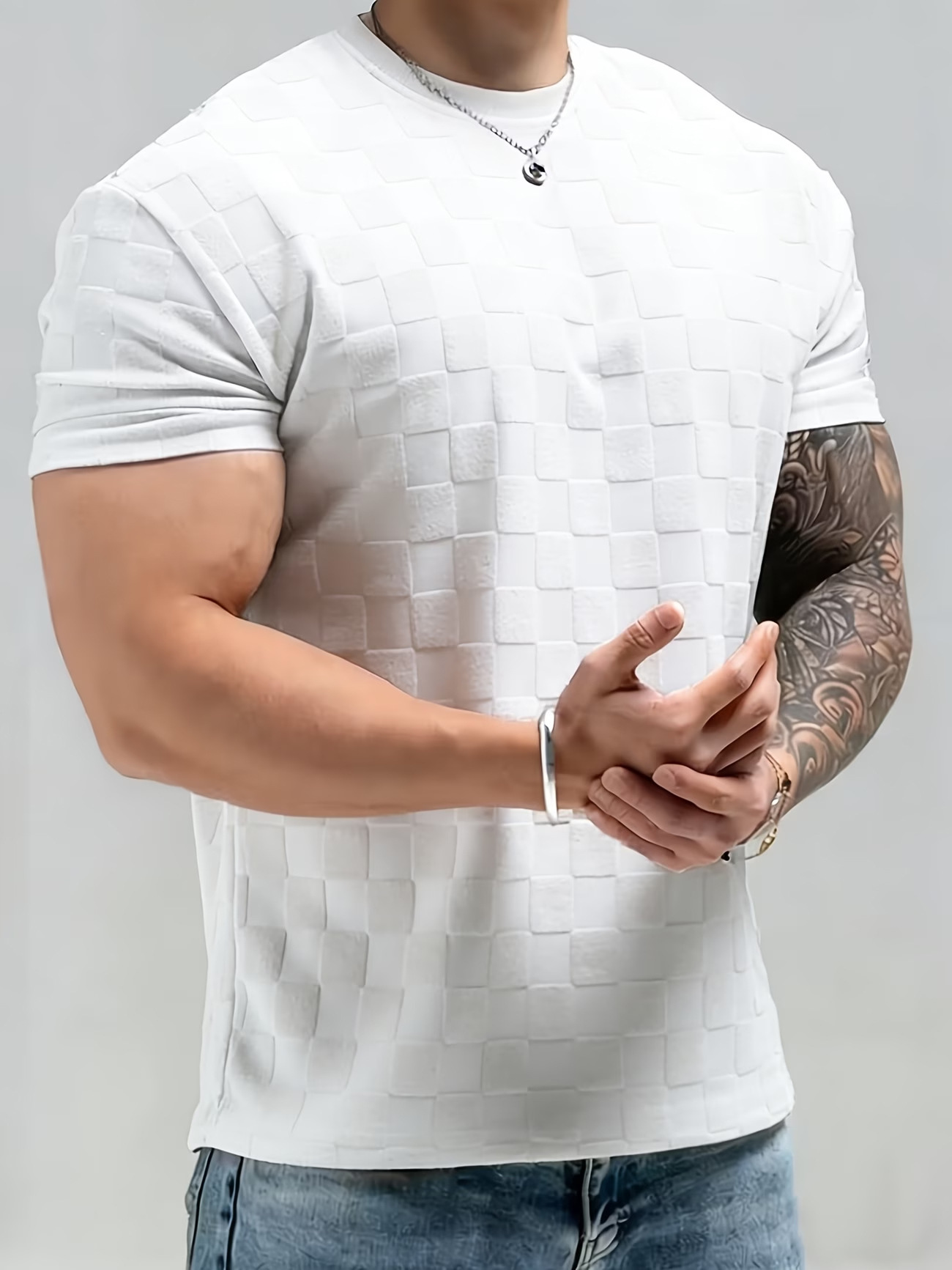 Mens Summer Checkerboard Jacquard Short-Sleeve Shirt - Image 3