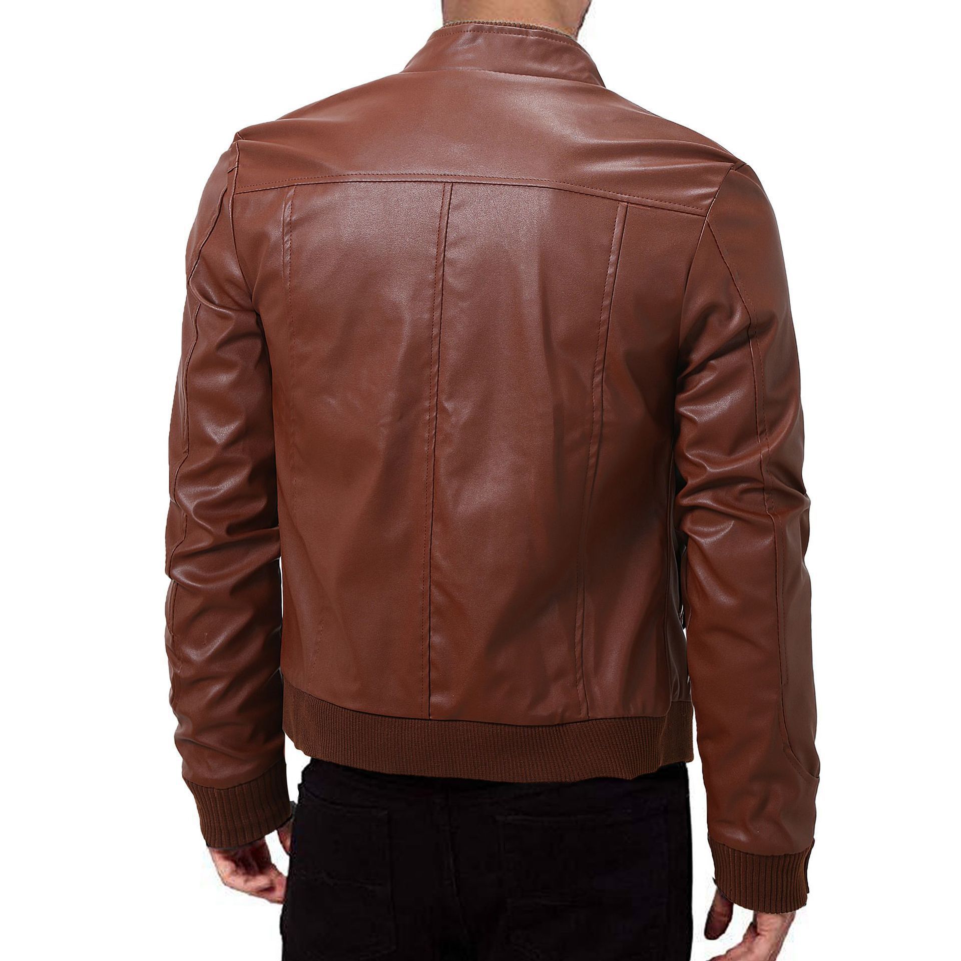 Mens Winter Warm Zip-Up Stand Collar Slim-Fit Leather Jacket Coats - Image 4