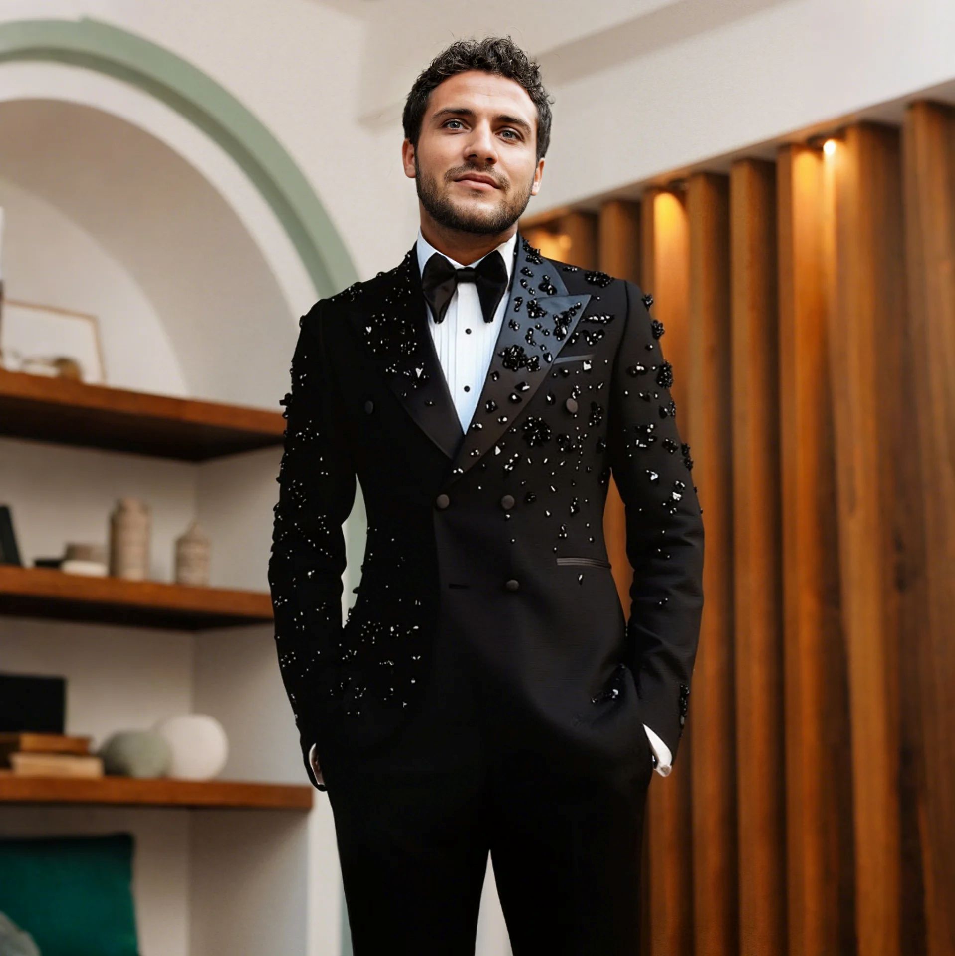 Men Black Satin Peak Lapel Rhinestone & 3D Floral Embellished Double Breasted Tuxedo Two-Piece Suit Set - Image 3
