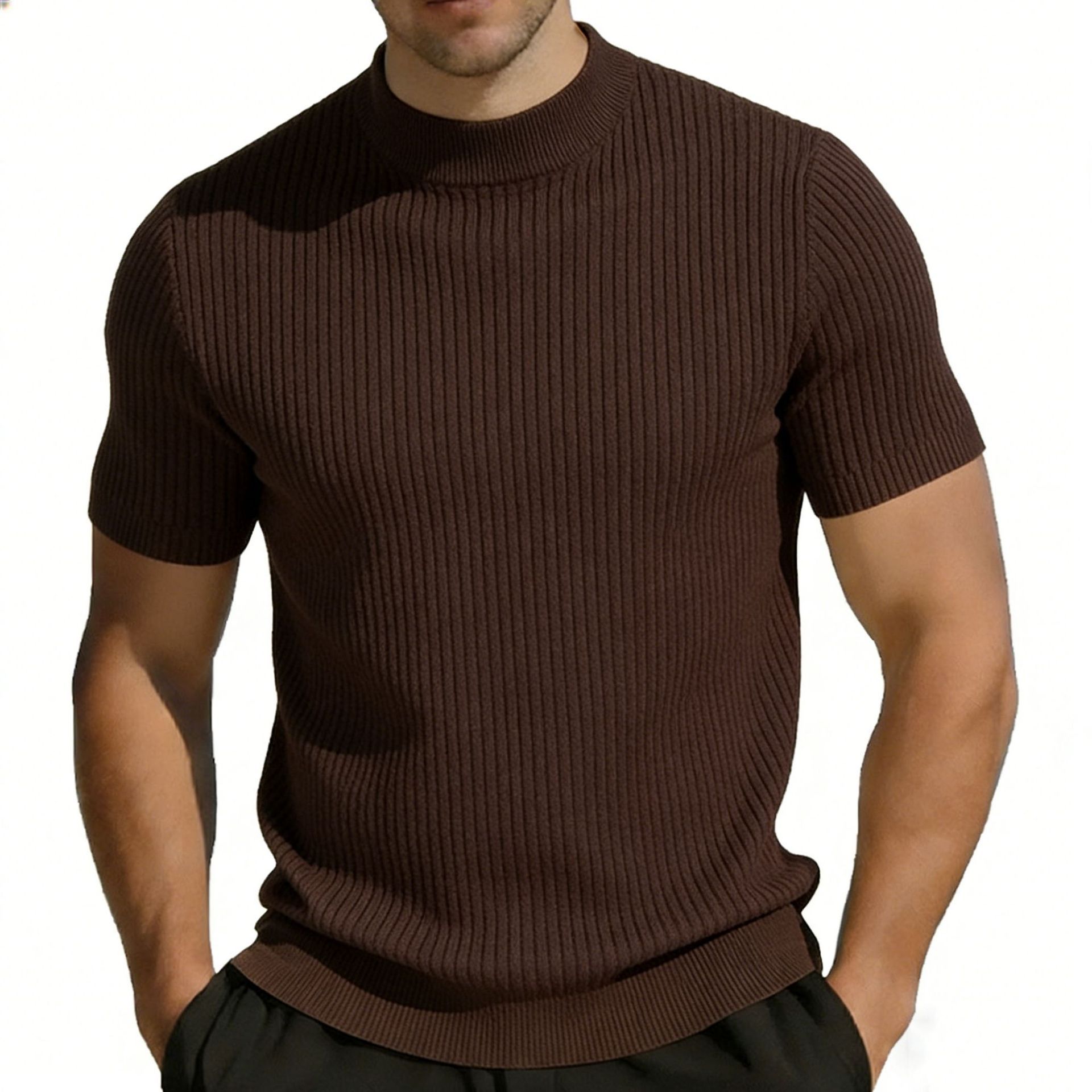 Short-sleeved Knitted T-shirt For Men Mock Neck Solid Color - Image 8