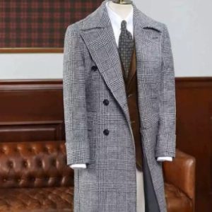 Autumn And Winter Men's Plaid Thick Warm Woolen Polo Coat