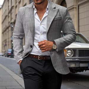 Two-Button Suit Jacket – Men’s Black Polyester Blazer