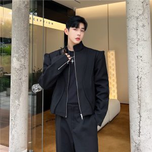 High Street Trendy Silhouette Padded Shoulders Deconstructed Short Jacket Men