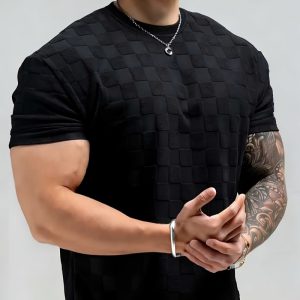 Mens Summer Checkerboard Jacquard Short-Sleeve Shirt