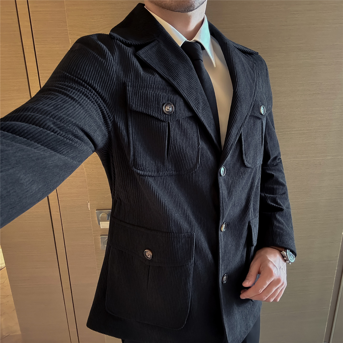 Mens Casual Corduroy Mid-length Coatsuit - Image 4