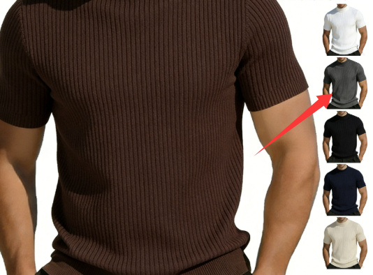 Short-sleeved Knitted T-shirt For Men Mock Neck Solid Color - Image 10