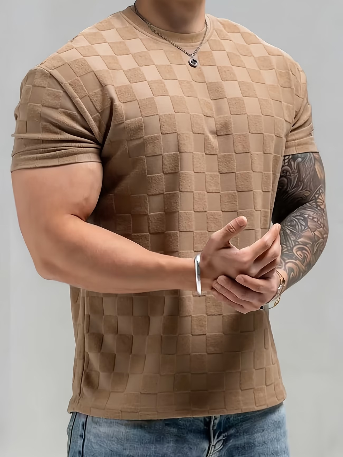Mens Summer Checkerboard Jacquard Short-Sleeve Shirt - Image 4