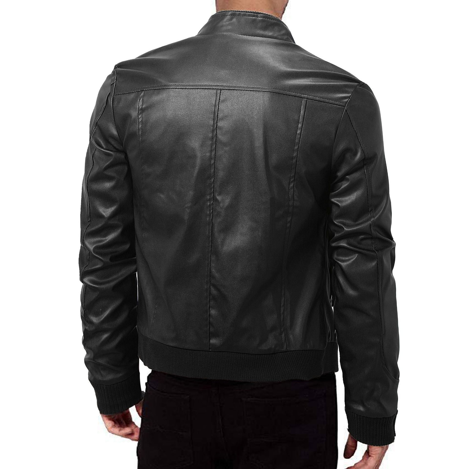 Mens Winter Warm Zip-Up Stand Collar Slim-Fit Leather Jacket Coats - Image 2