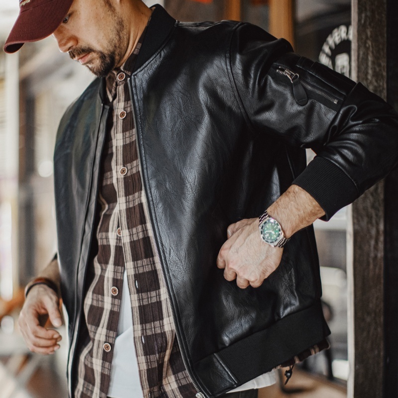 Black MA1 Pilot Leather Jacket for Men | Genuine Sheepskin