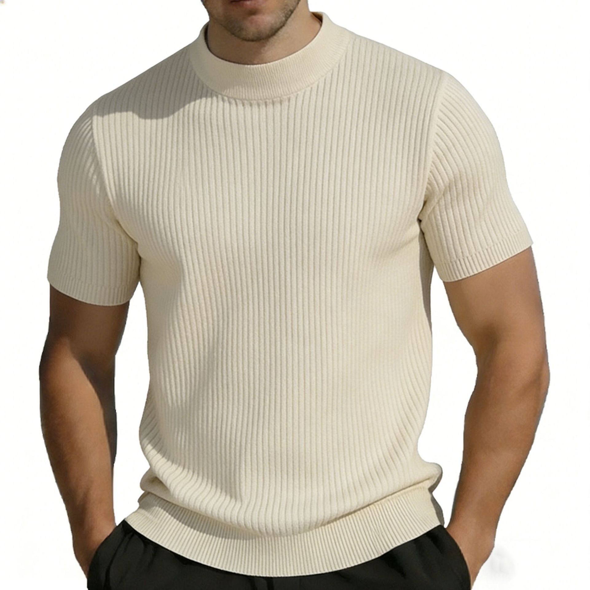 Short-sleeved Knitted T-shirt For Men Mock Neck Solid Color - Image 3
