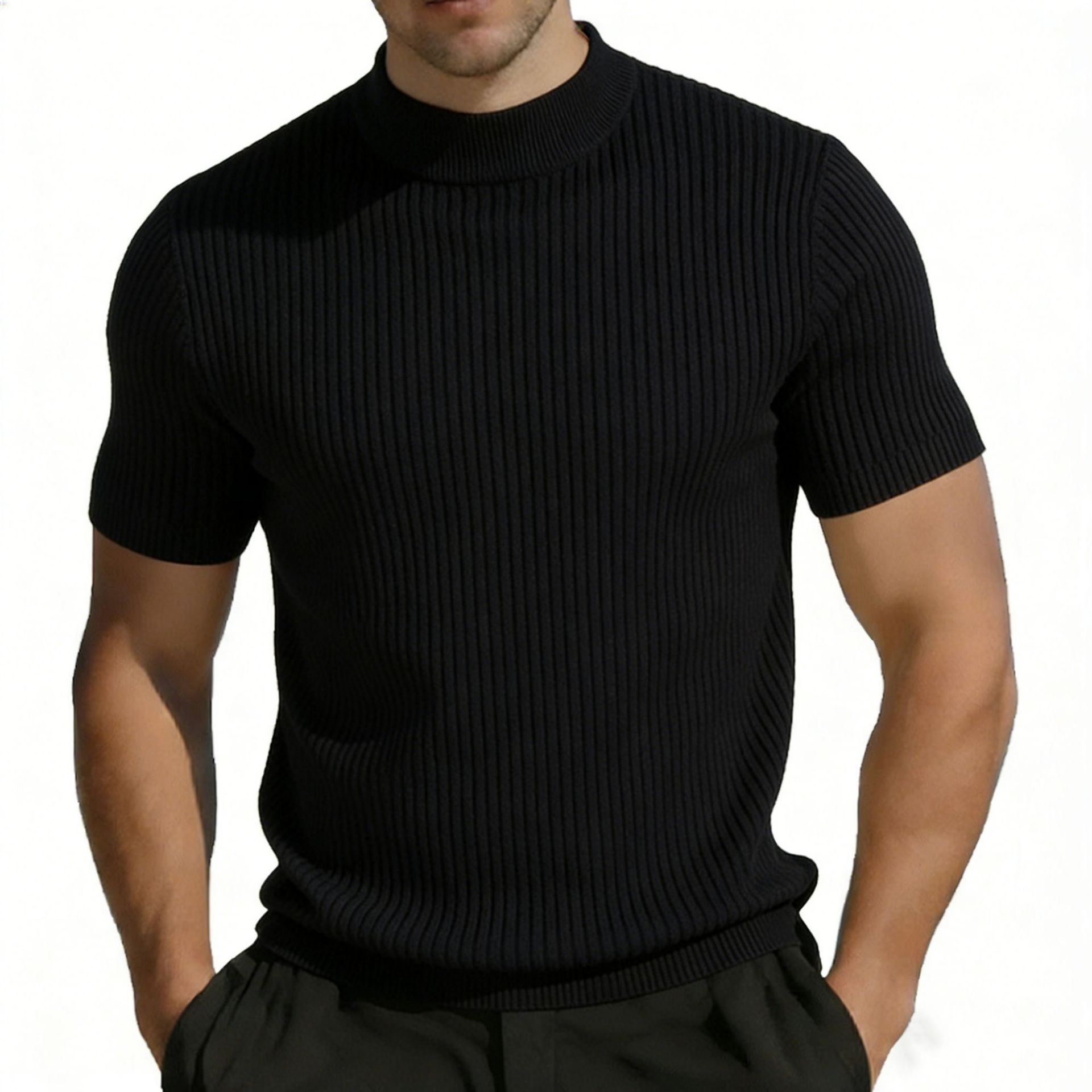 Short-sleeved Knitted T-shirt For Men Mock Neck Solid Color - Image 6