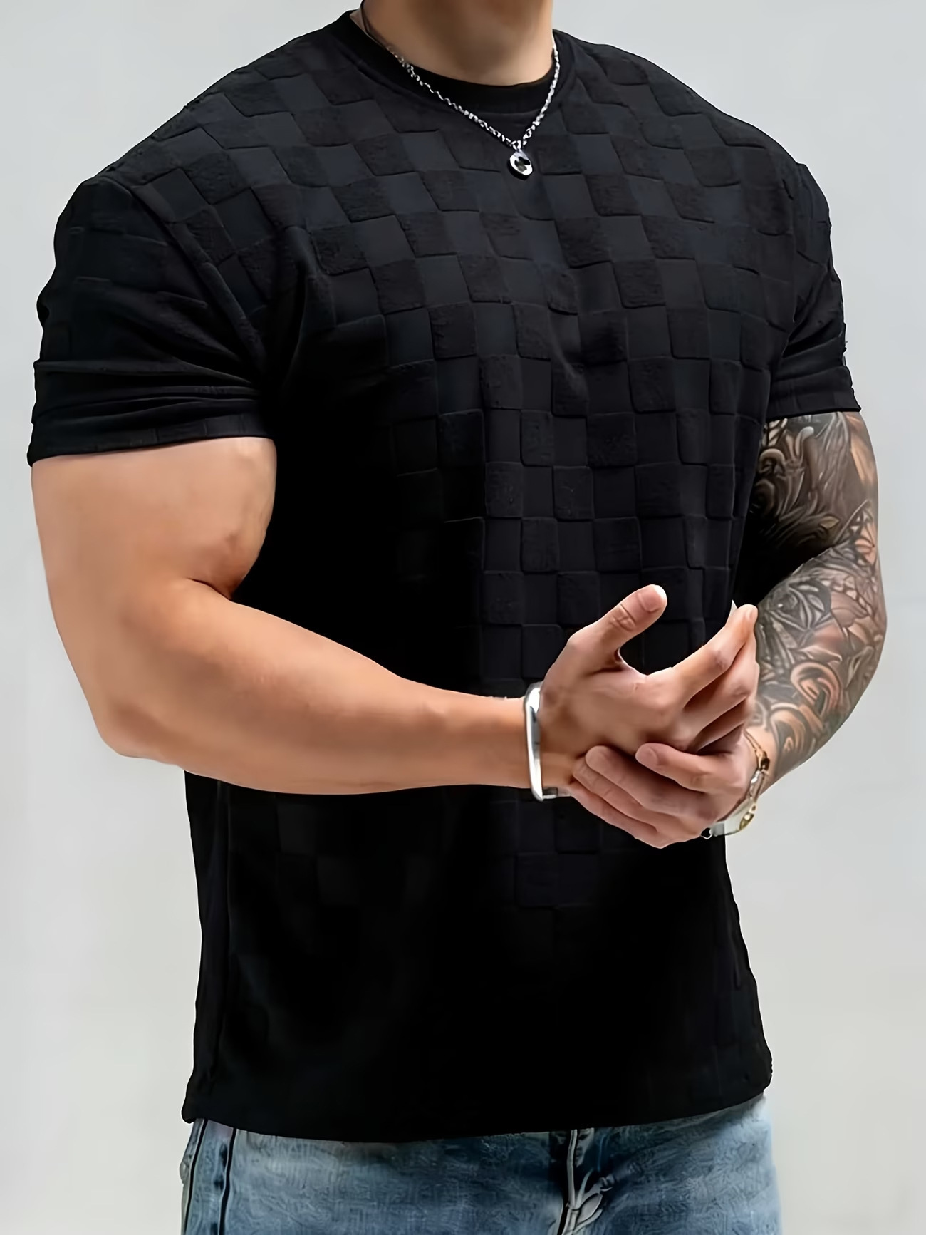 Mens Summer Checkerboard Jacquard Short-Sleeve Shirt - Image 2