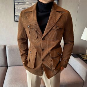 Mens Casual Corduroy Mid-length Coatsuit