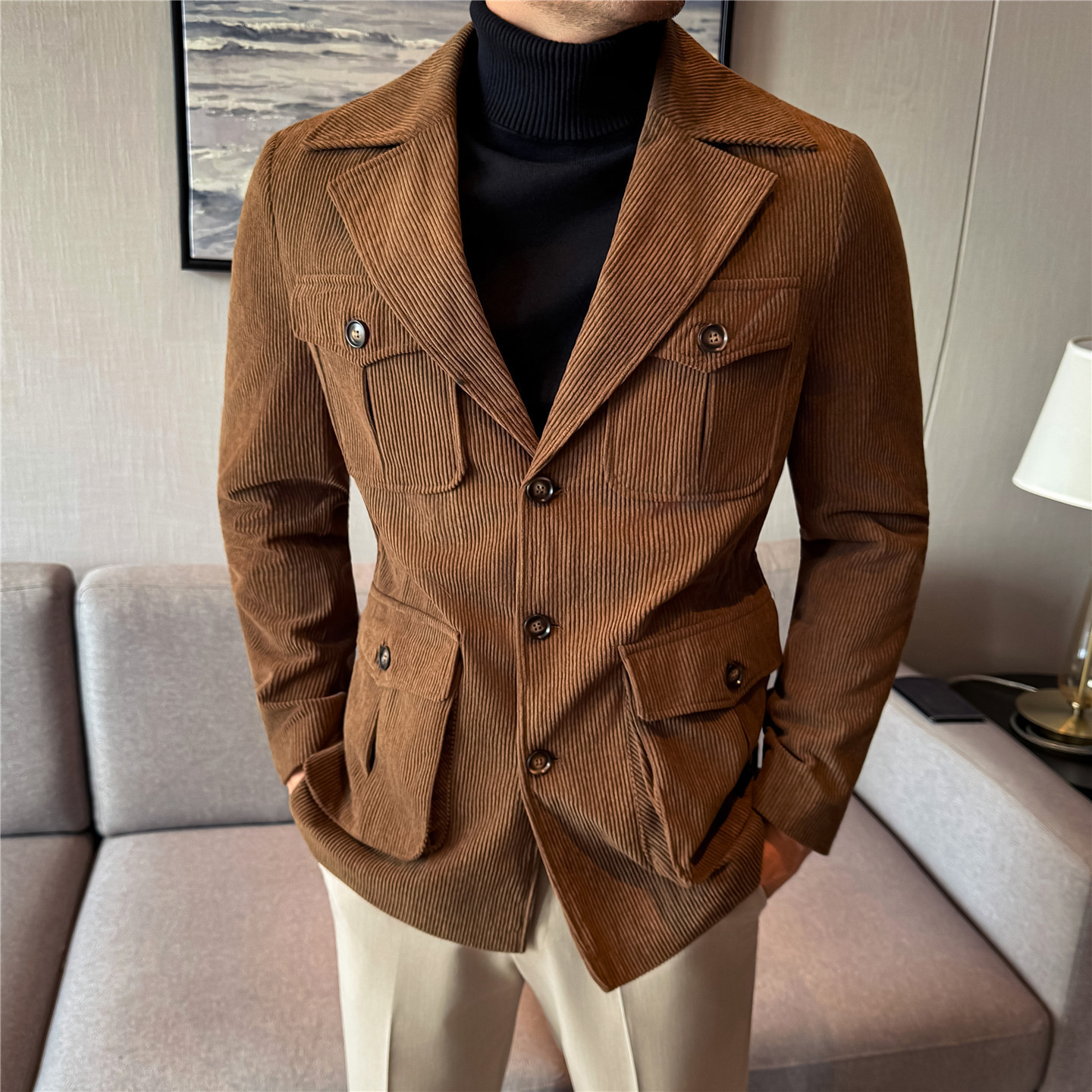 Mens Casual Corduroy Mid-length Coatsuit