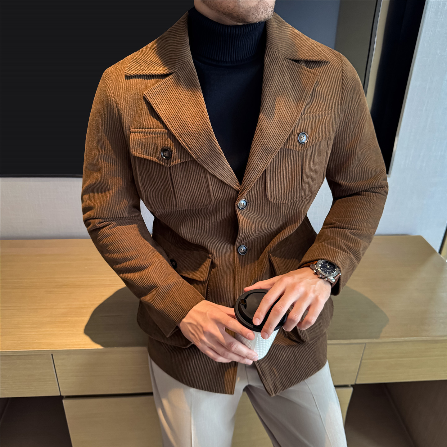 Mens Casual Corduroy Mid-length Coatsuit - Image 3