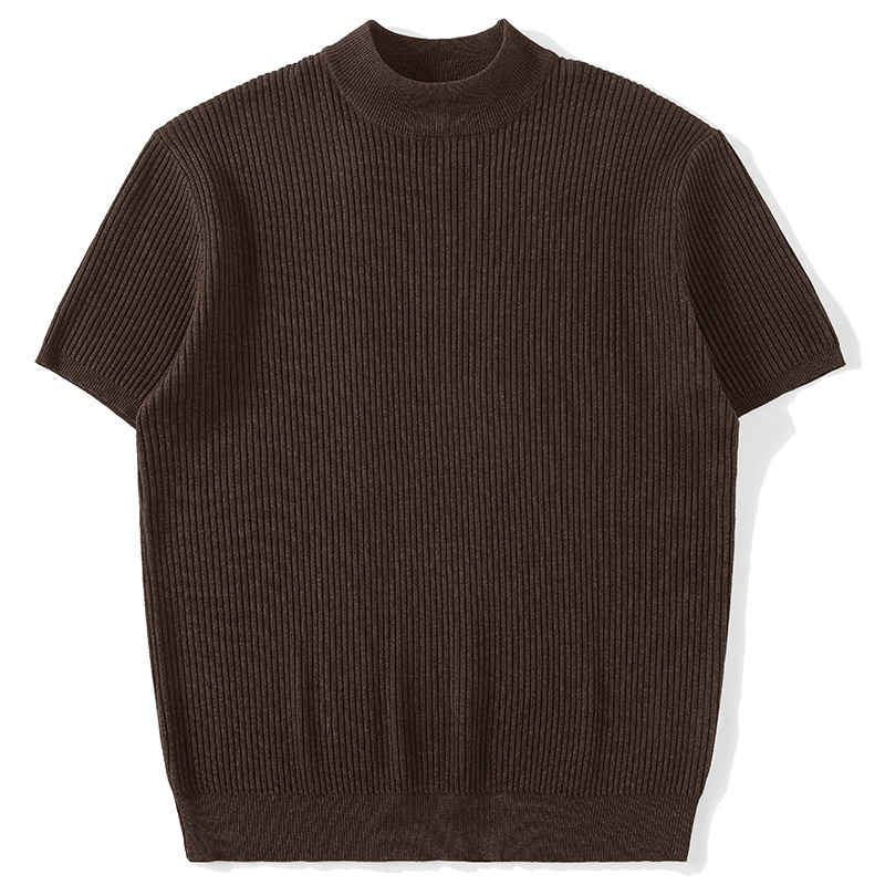 Short-sleeved Knitted T-shirt For Men Mock Neck Solid Color - Image 4