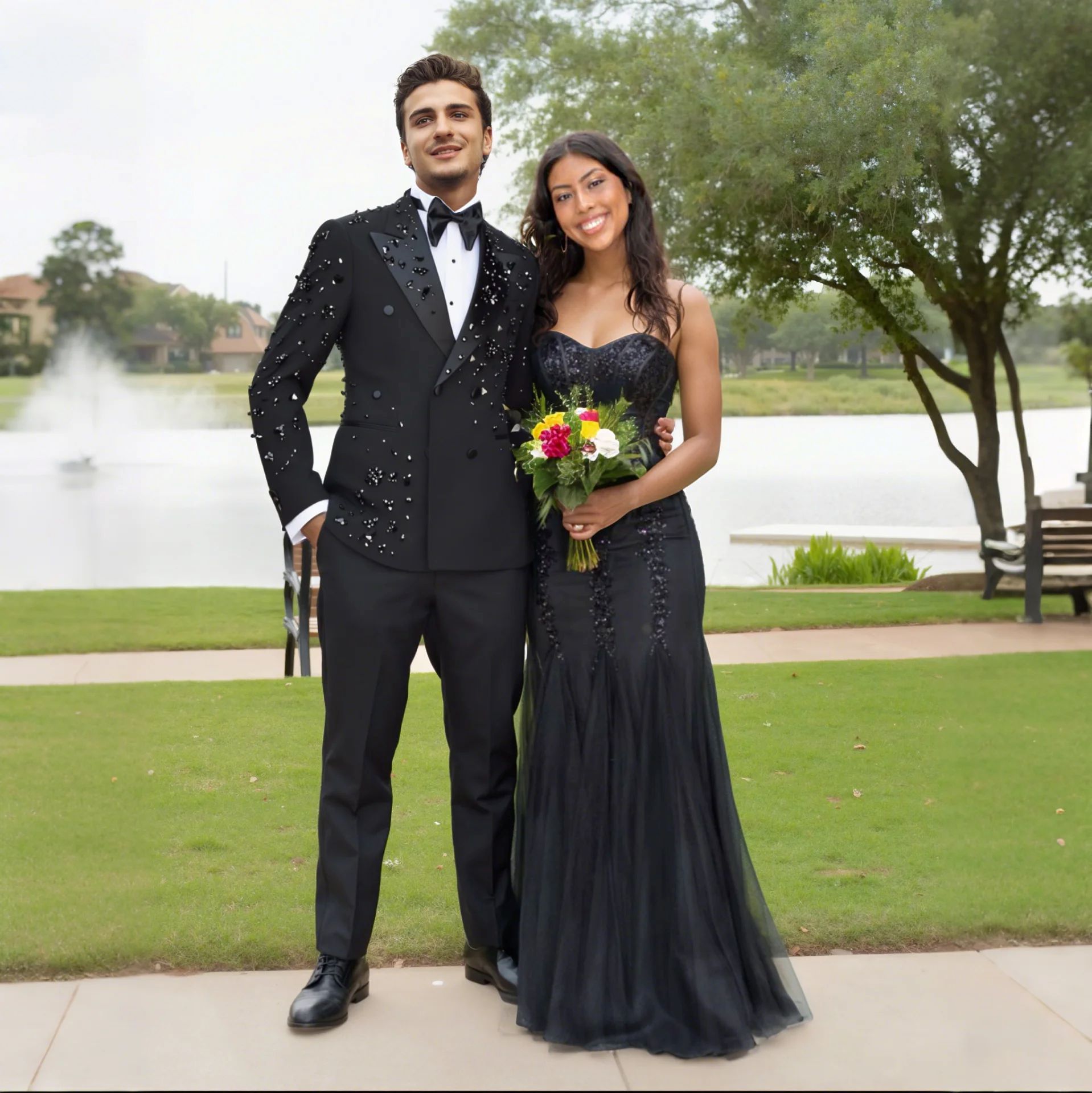 Men Black Satin Peak Lapel Rhinestone & 3D Floral Embellished Double Breasted Tuxedo Two-Piece Suit Set - Image 4