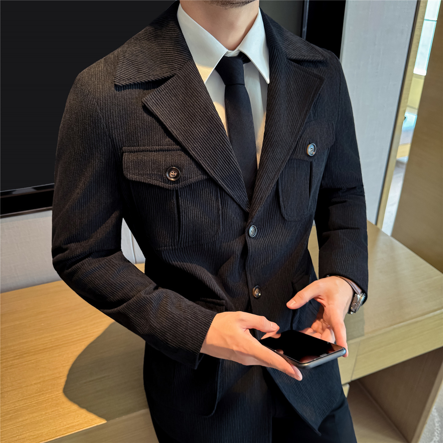 Mens Casual Corduroy Mid-length Coatsuit - Image 2