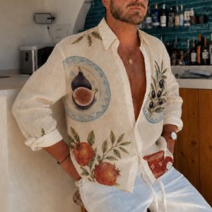 Ivory Mediterranean Fig & Olive Print Oversized Shirt