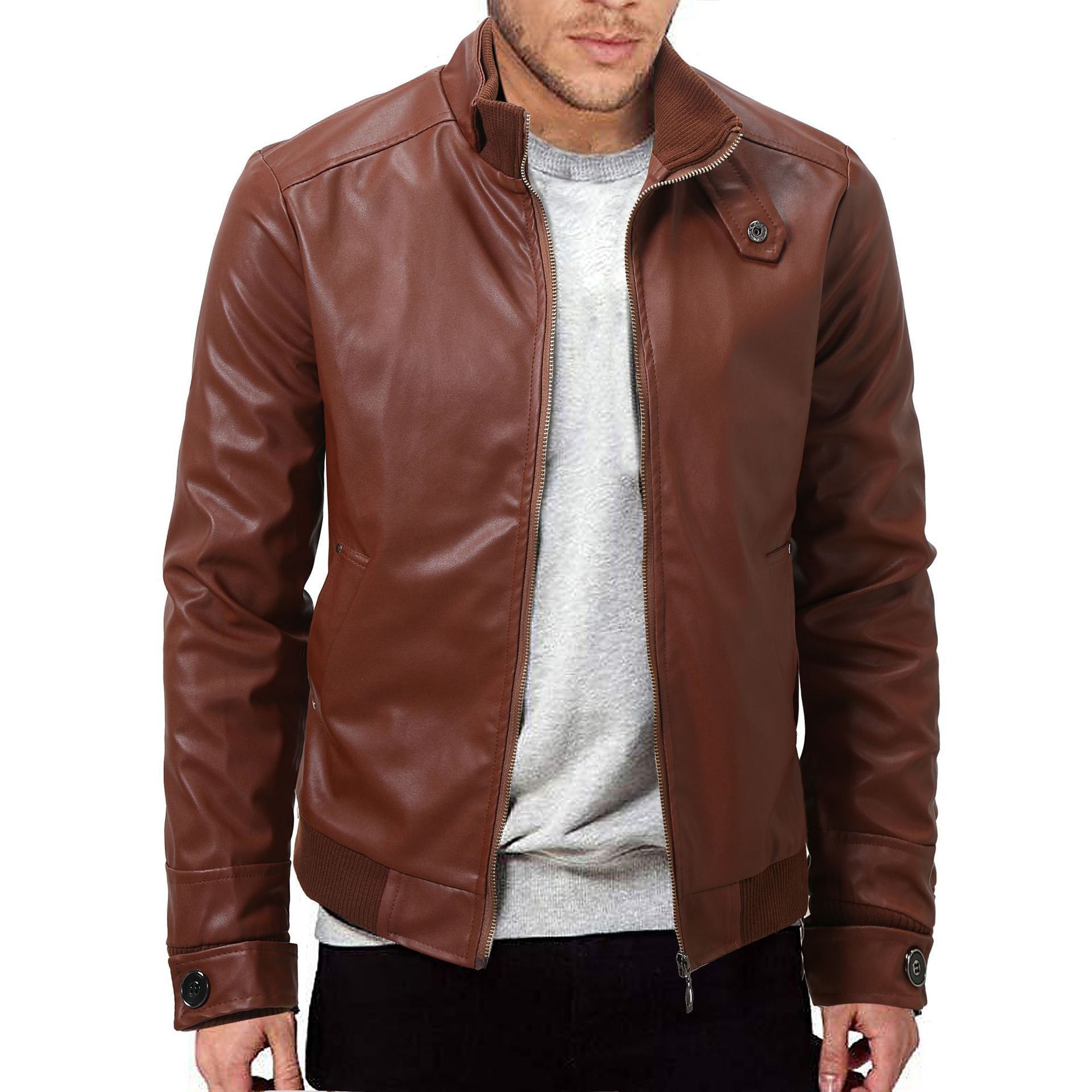 Mens Winter Warm Zip-Up Stand Collar Slim-Fit Leather Jacket Coats - Image 3