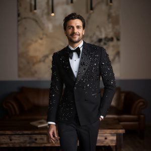 Men Black Satin Peak Lapel Rhinestone & 3D Floral Embellished Double Breasted Tuxedo Two-Piece Suit Set