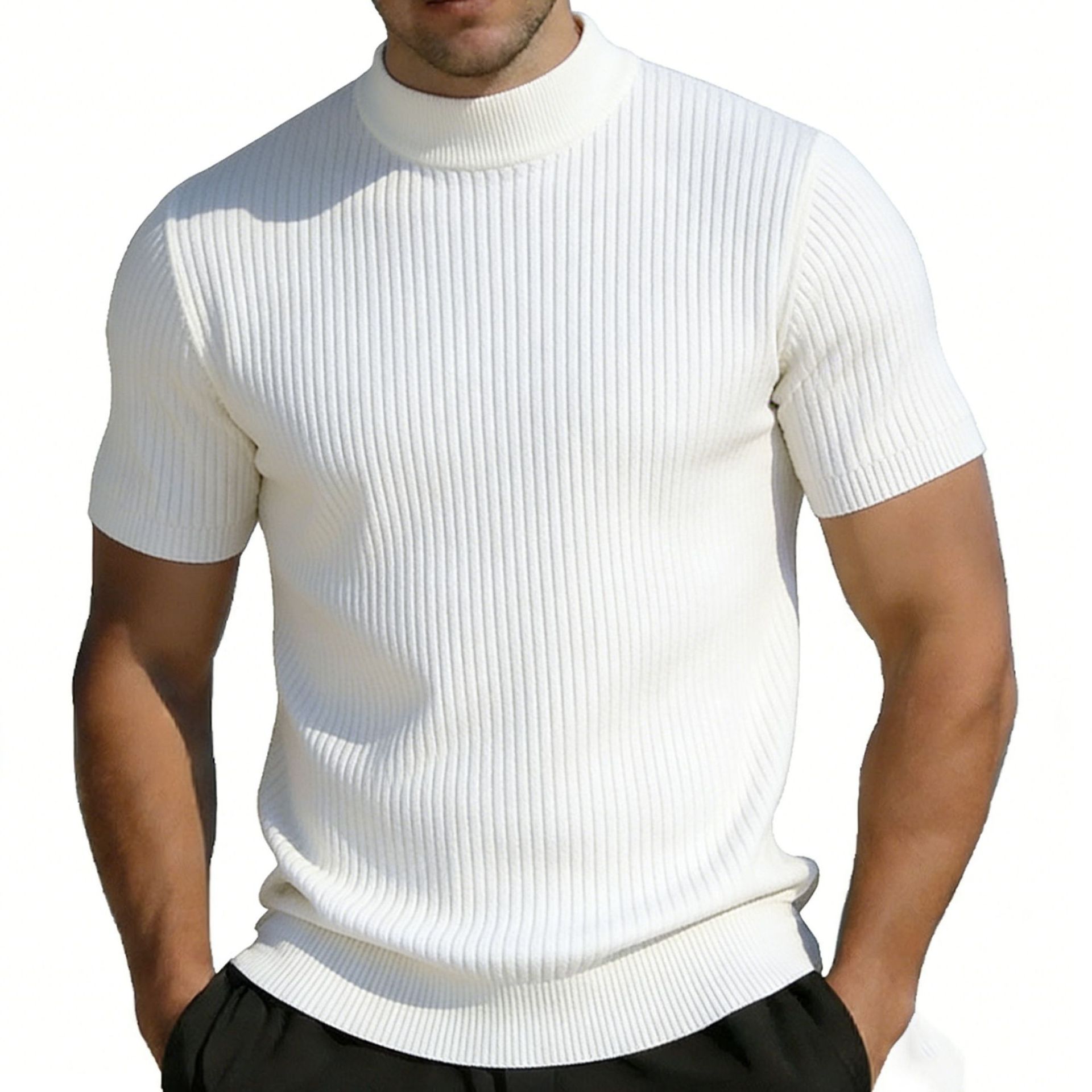 Short-sleeved Knitted T-shirt For Men Mock Neck Solid Color - Image 5