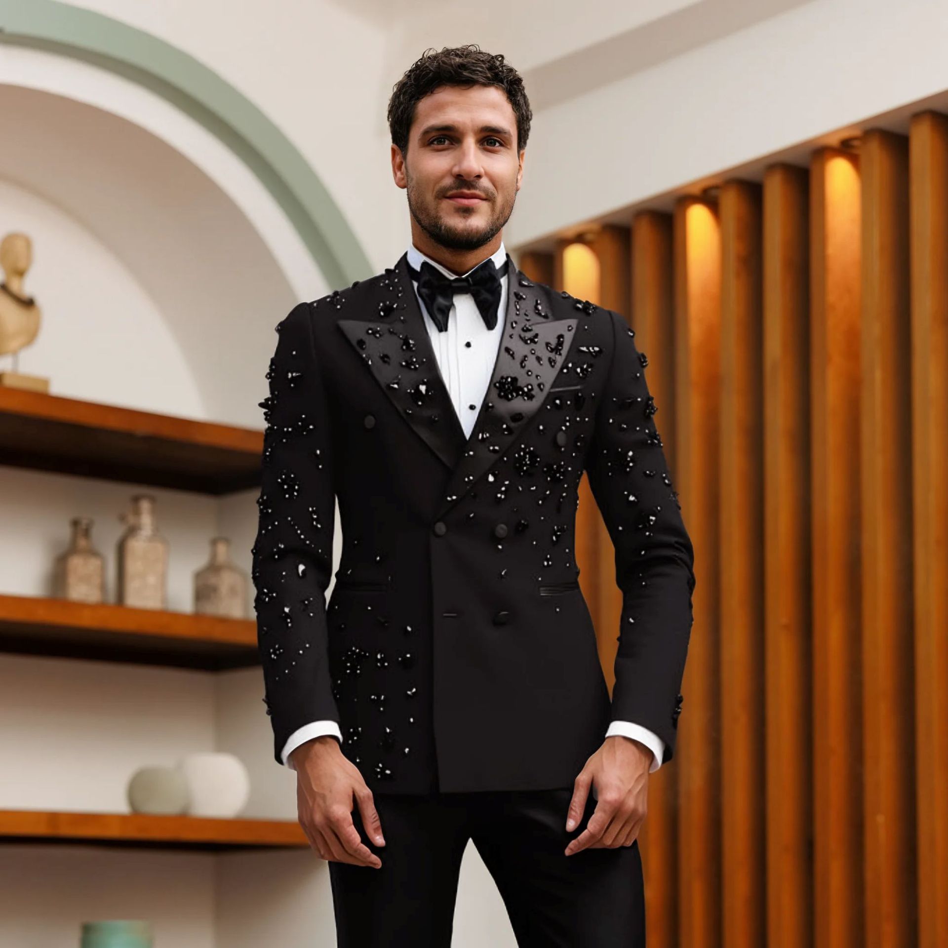 Men Black Satin Peak Lapel Rhinestone & 3D Floral Embellished Double Breasted Tuxedo Two-Piece Suit Set - Image 6