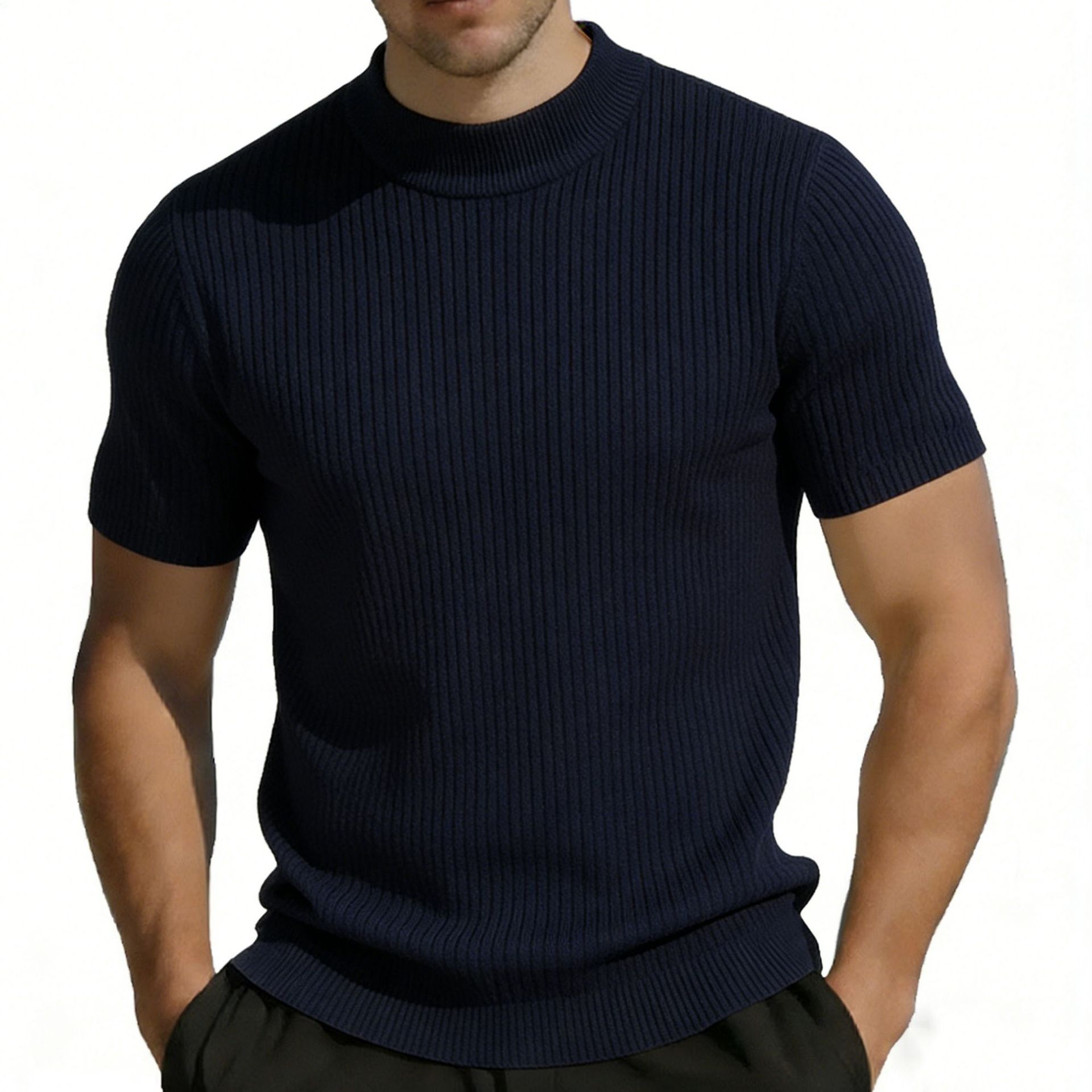 Short-sleeved Knitted T-shirt For Men Mock Neck Solid Color - Image 2