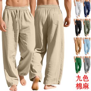 European And American Cross-Border Men's Clothing  Linen Loose Casual Sports Pants With Pockets And Drawstring Solid Color Trendy Business Pants
