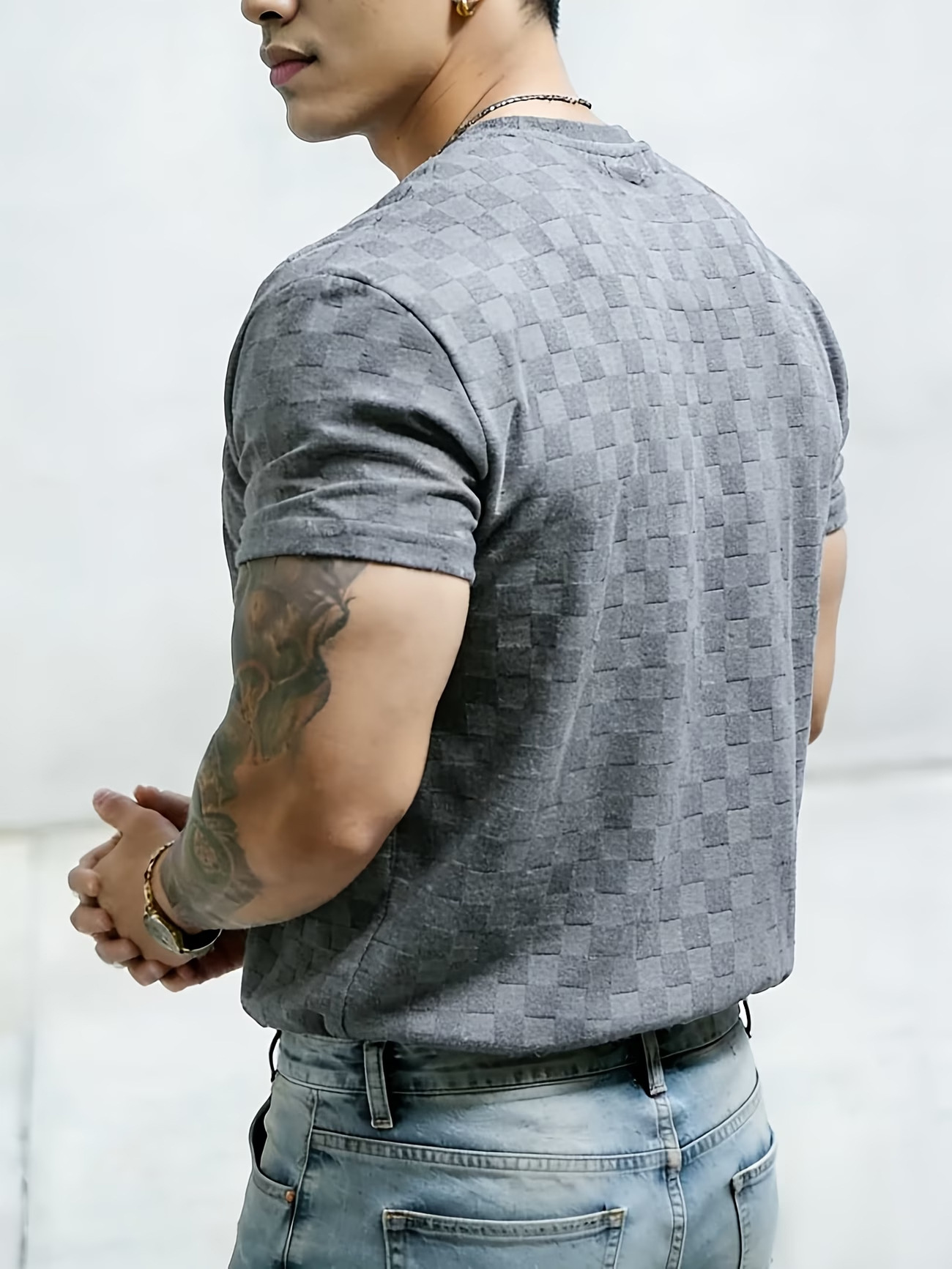 Mens Summer Checkerboard Jacquard Short-Sleeve Shirt - Image 6